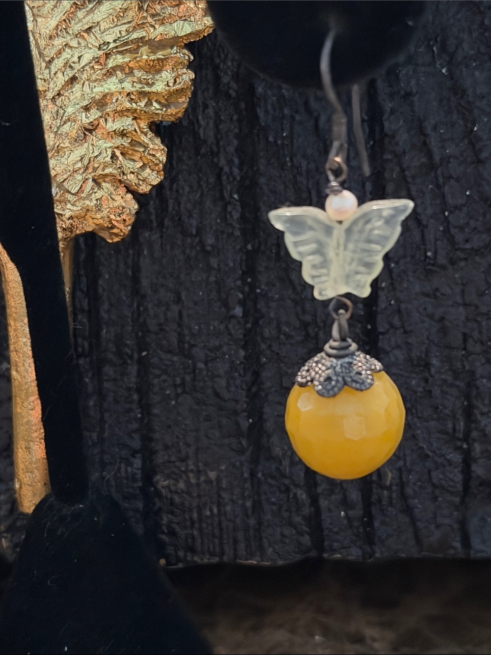 Unique pierced butterfly jade and pearl semi precious sterling silver wires - Picture 12 of 14